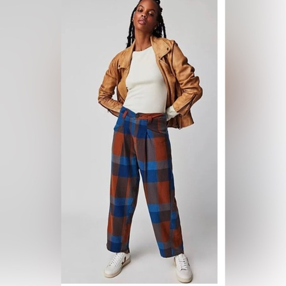 Free People cass brown blue plaid look slouchy midrise tapered trouser pants sz4 - Picture 2 of 13